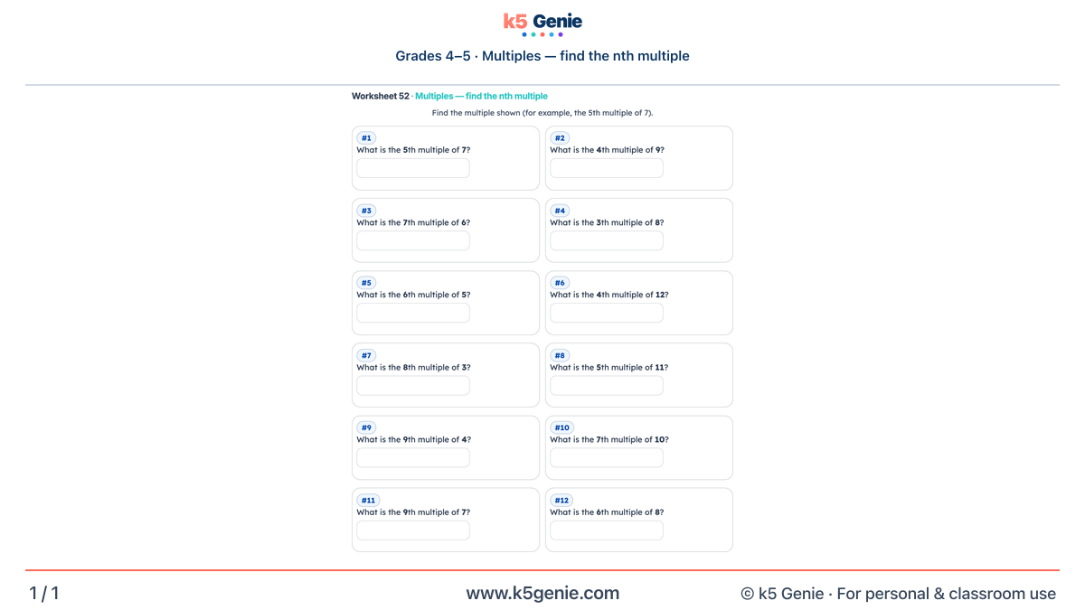 Math Genie worksheet — Multiples — find the nth multiple