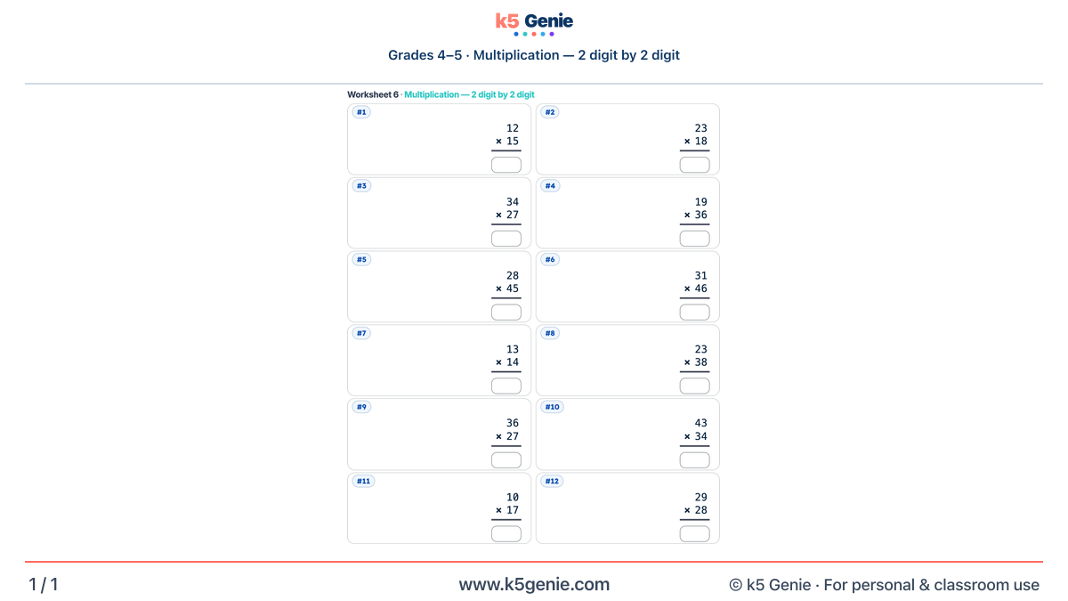 Math Genie worksheet — Multiplication — 2 digit by 2 digit