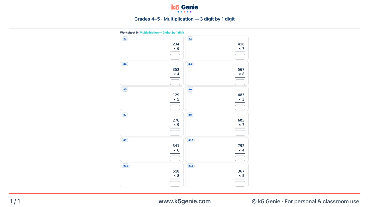 Math Genie worksheet — Multiplication — 3 digit by 1 digit