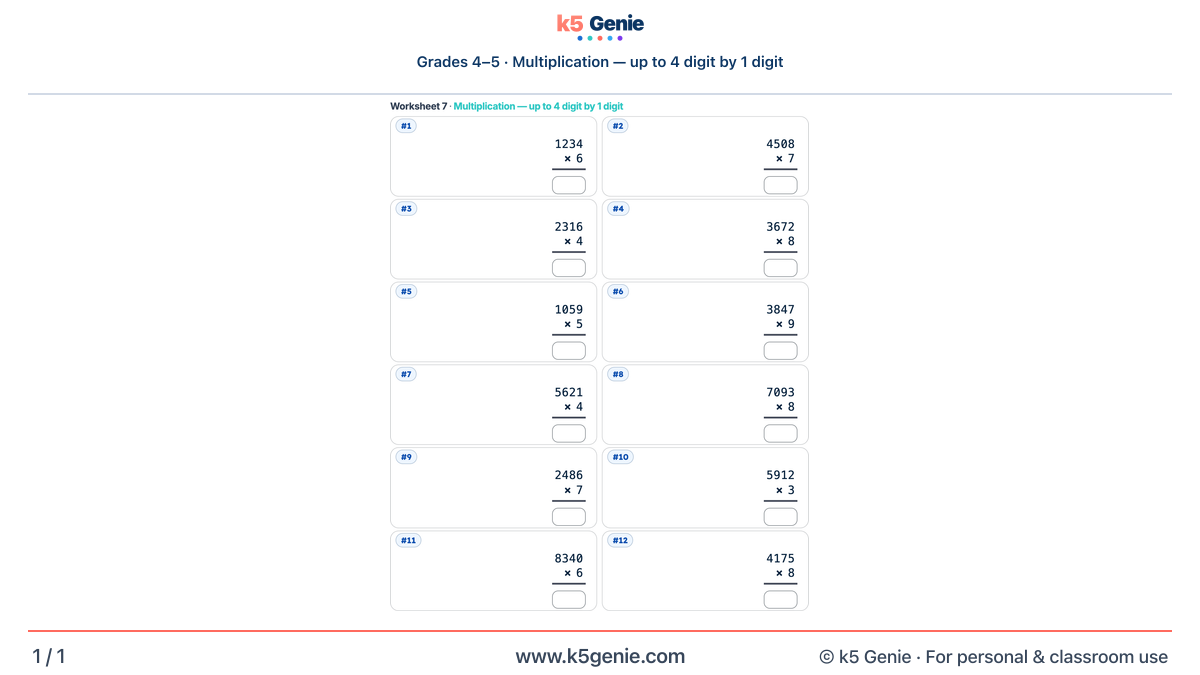 Math Genie worksheet — Multiplication — up to 4 digit by 1 digit