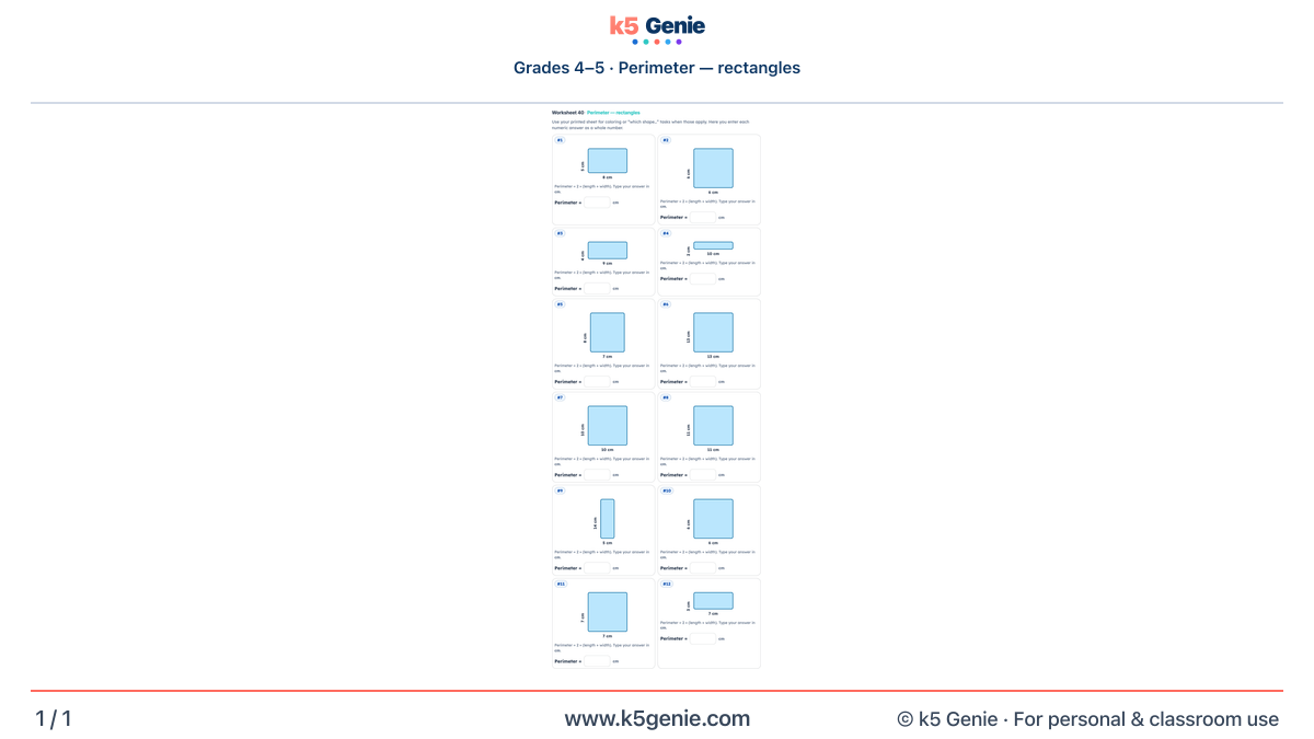 Math Genie worksheet — Perimeter — rectangles