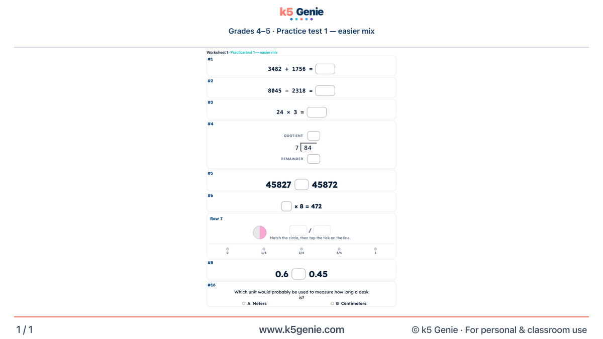 Math Genie worksheet — Practice test 1 — easier mix
