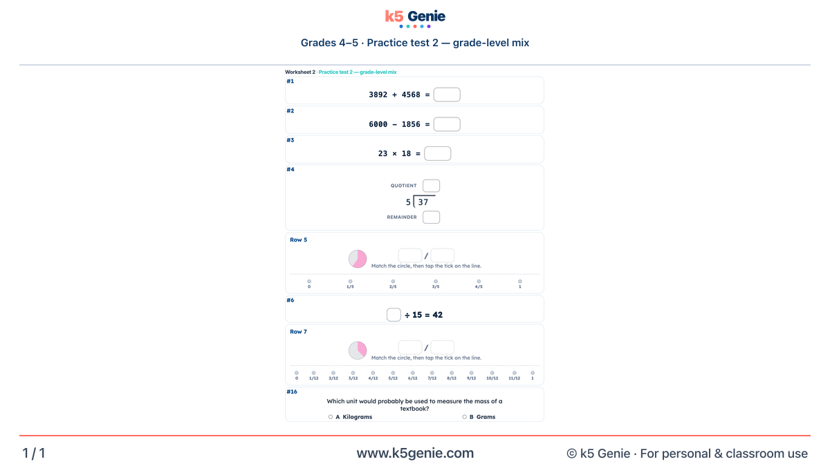 Math Genie worksheet — Practice test 2 — grade-level mix