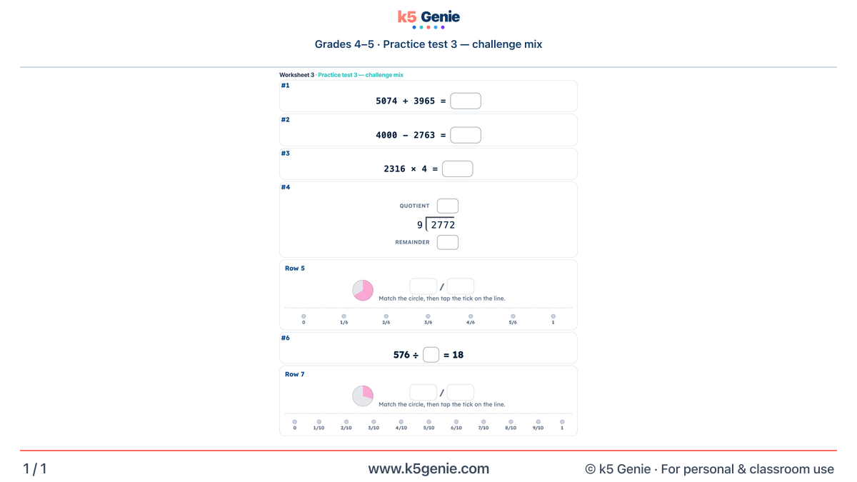Math Genie worksheet — Practice test 3 — challenge mix