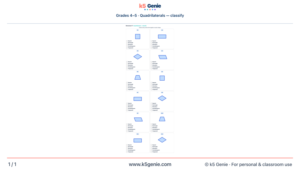 Math Genie worksheet — Quadrilaterals — classify