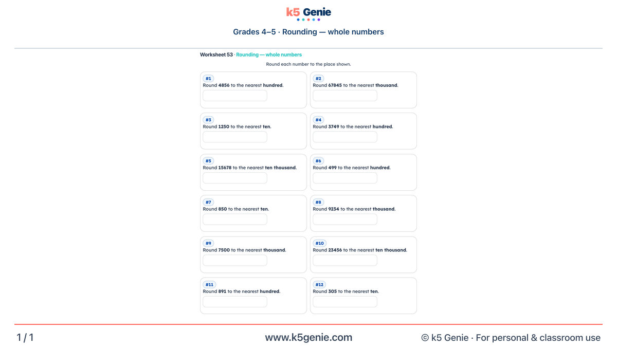 Math Genie worksheet — Rounding — whole numbers