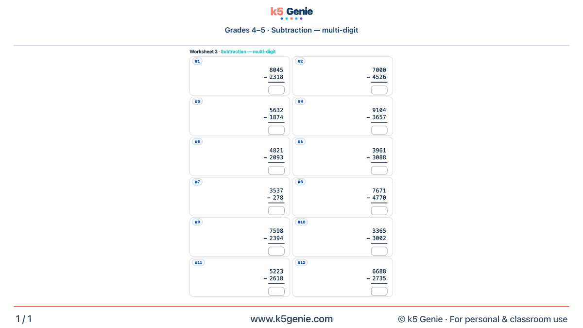 Math Genie worksheet — Subtraction — multi-digit