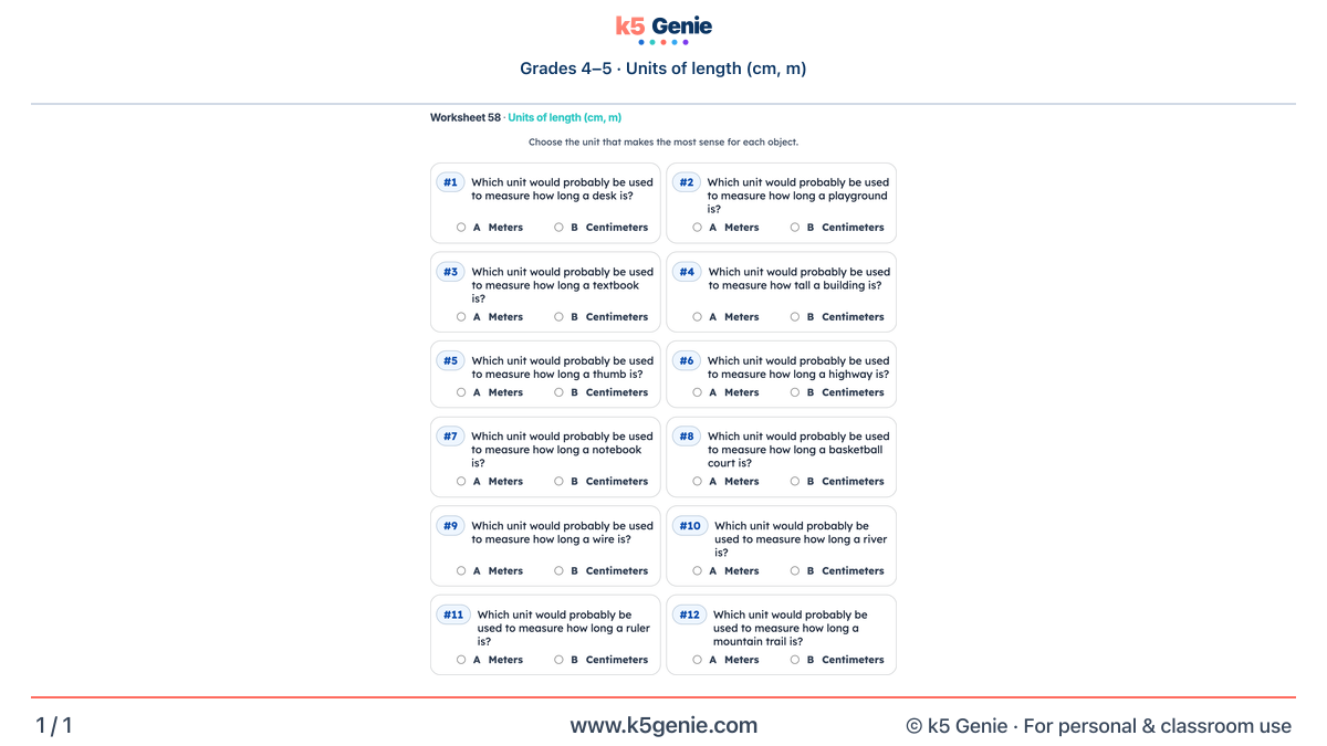 Math Genie worksheet — Units of length (cm, m)