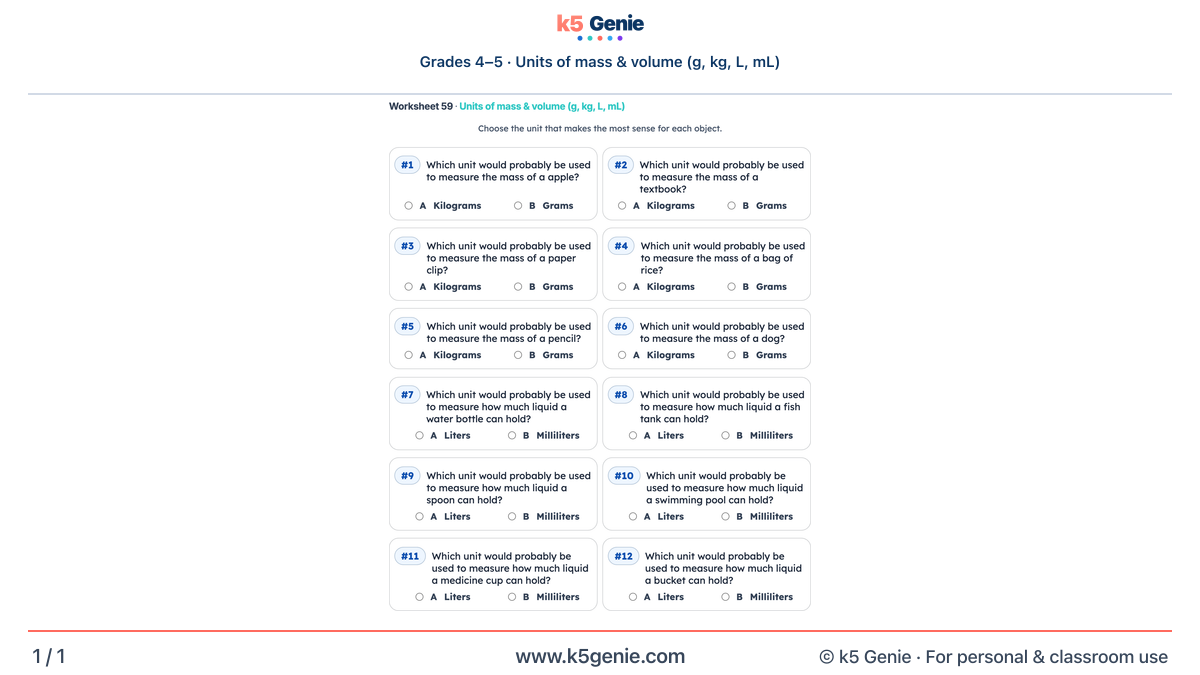Math Genie worksheet — Units of mass & volume (g, kg, L, mL)