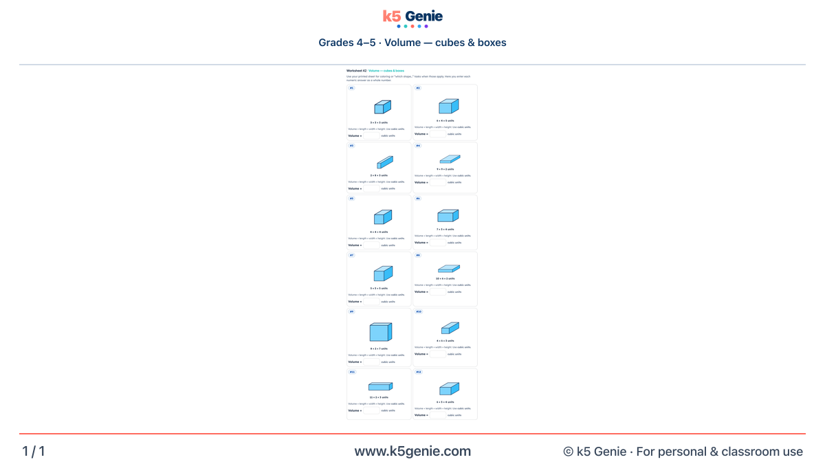Math Genie worksheet — Volume — cubes & boxes