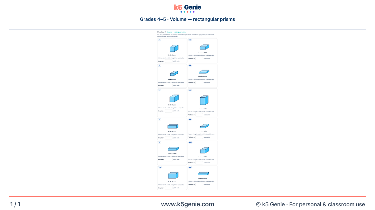 Math Genie worksheet — Volume — rectangular prisms