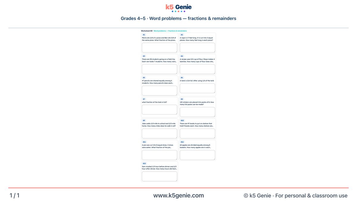 Math Genie worksheet — Word problems — fractions & remainders
