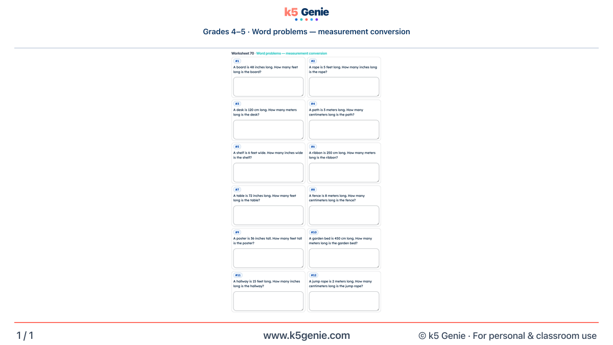 Math Genie worksheet — Word problems — measurement conversion