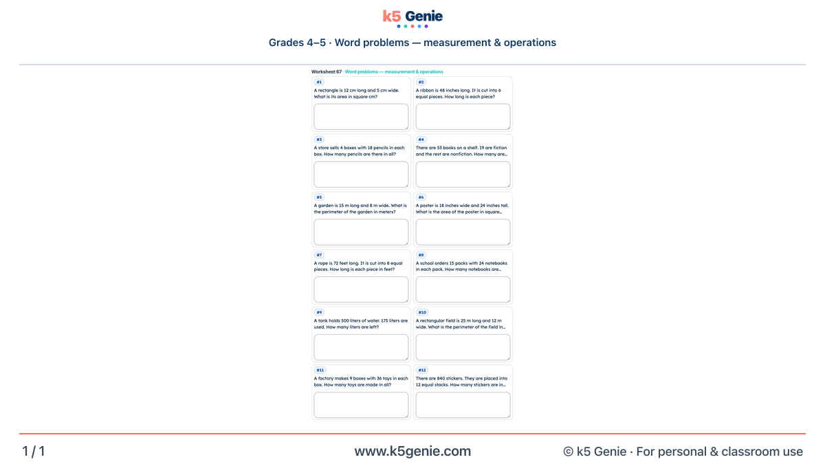 Math Genie worksheet — Word problems — measurement & operations