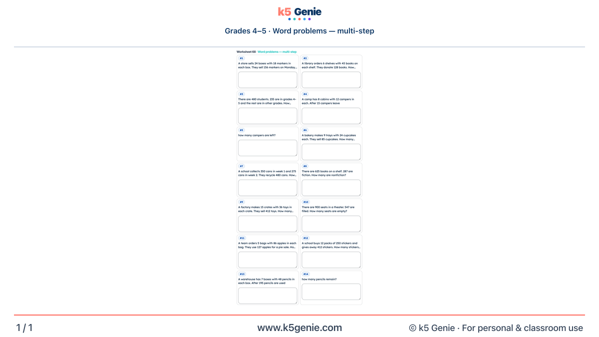 Math Genie worksheet — Word problems — multi-step