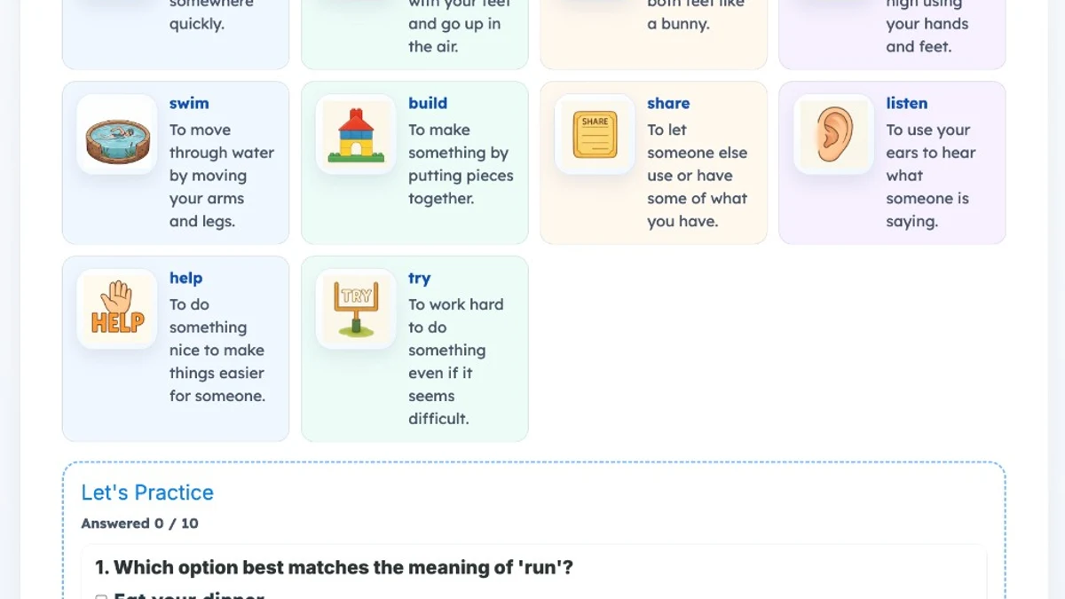 Word Genie — vocabulary cards, crossword, and quiz for action words