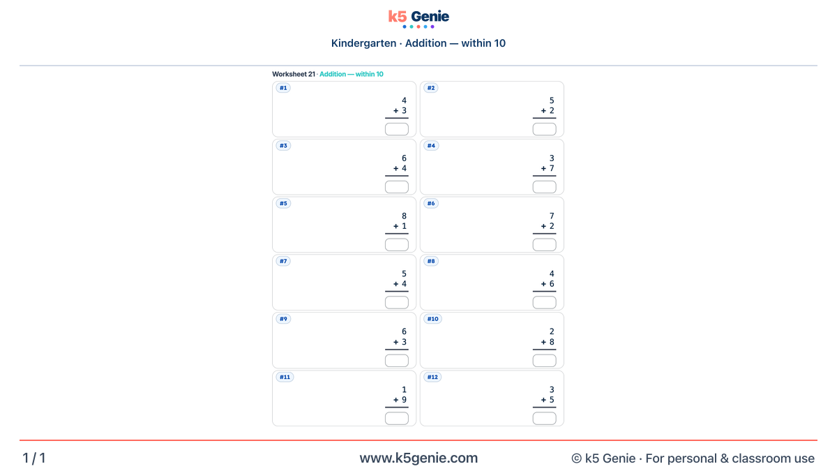 Math Genie worksheet — Addition — within 10