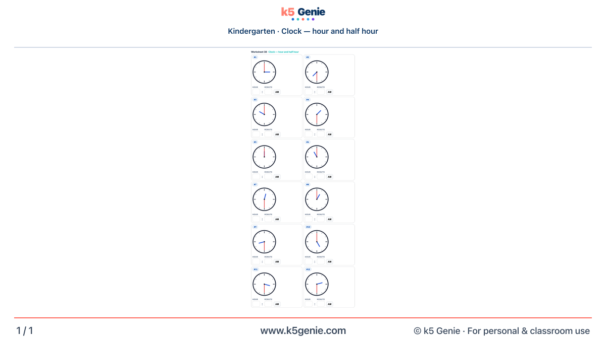 Math Genie worksheet — Clock — hour and half hour