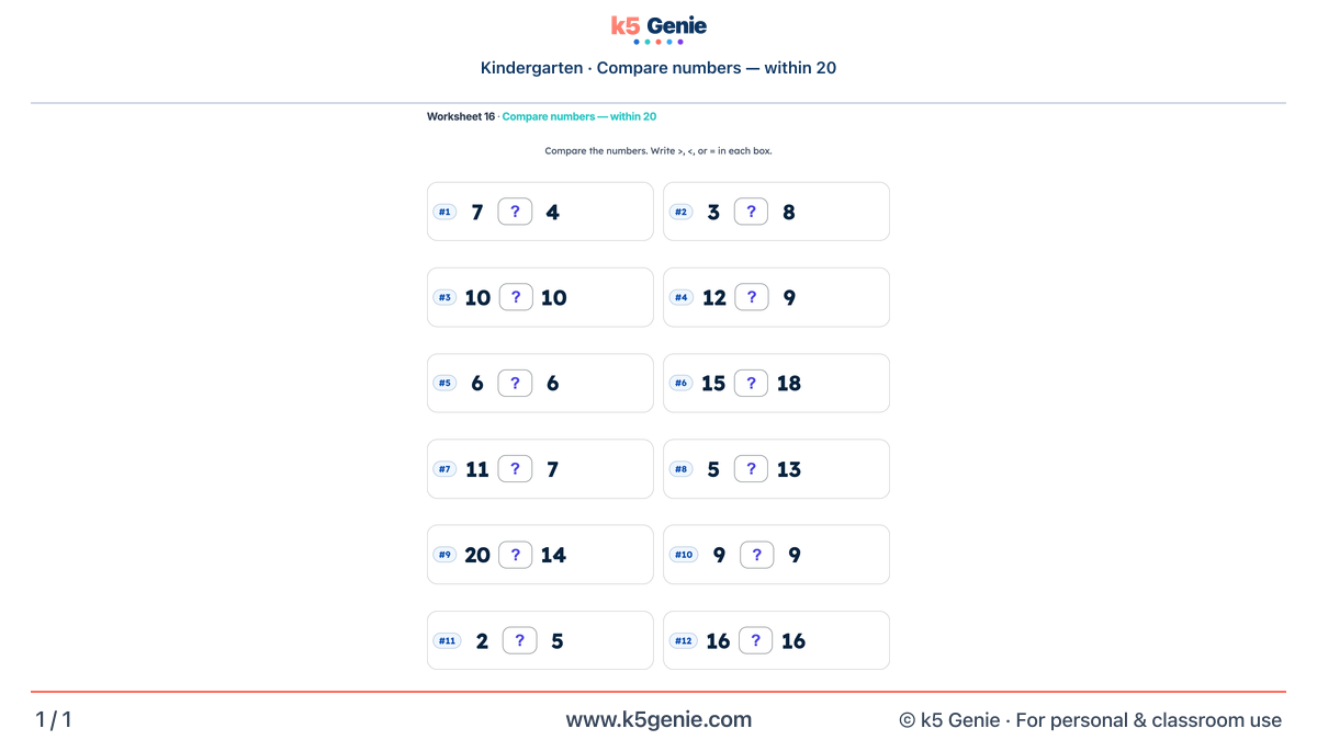 Math Genie worksheet — Compare numbers — within 20