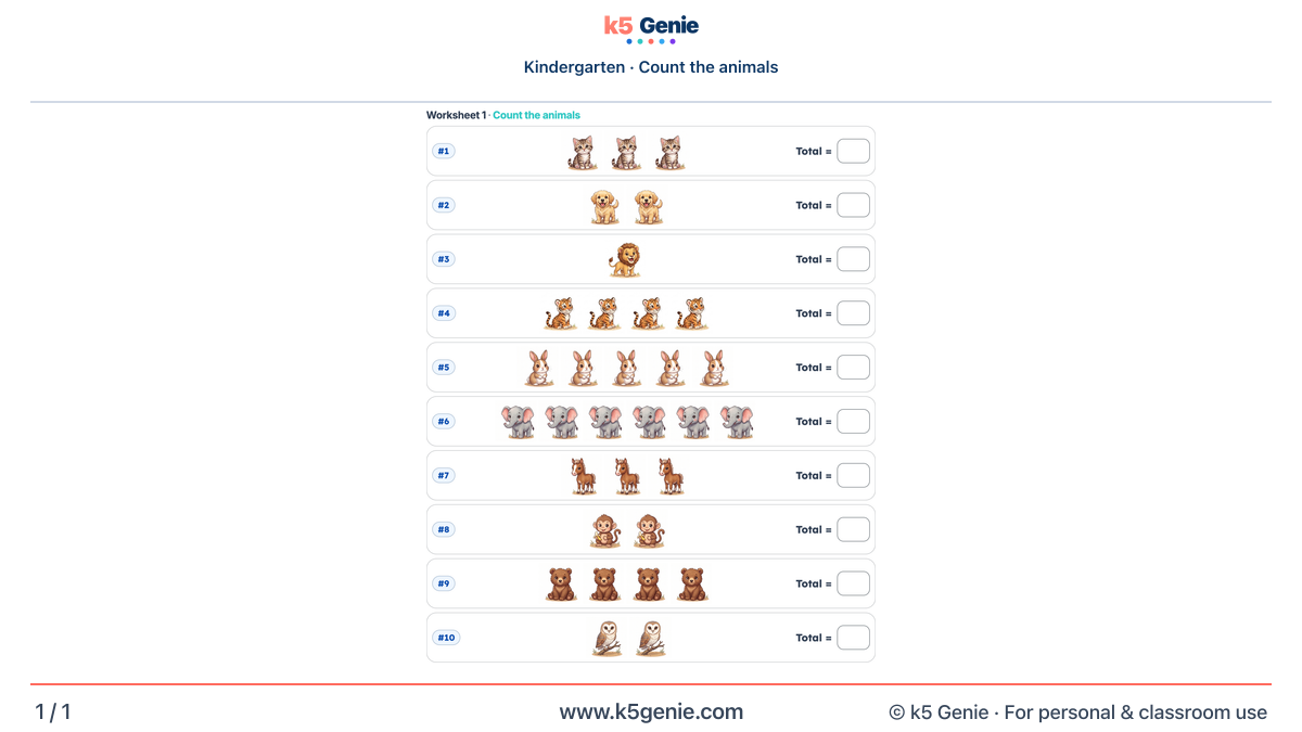 Math Genie worksheet — Count the animals