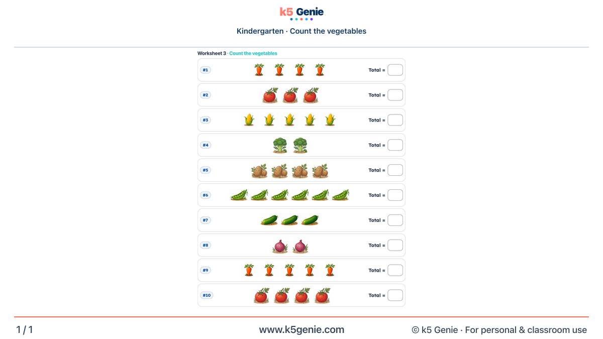 Math Genie worksheet — Count the vegetables