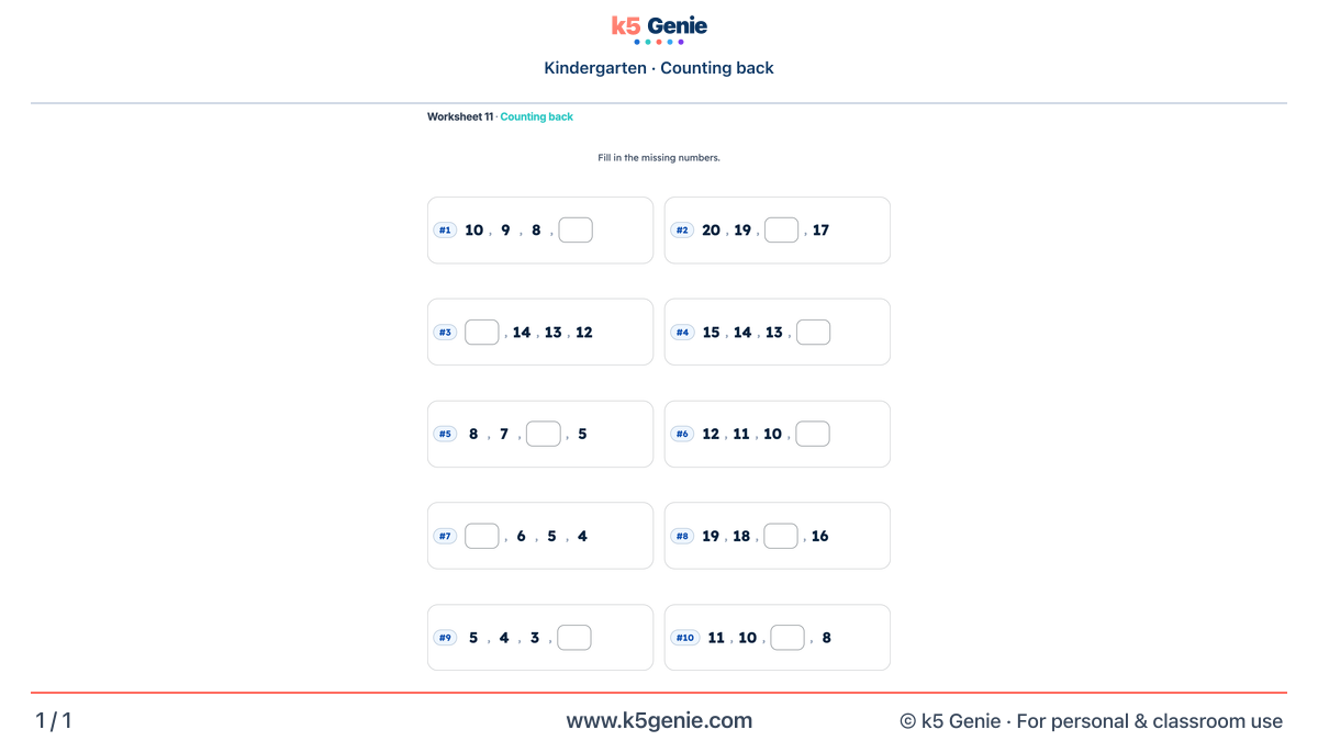 Math Genie worksheet — Counting back