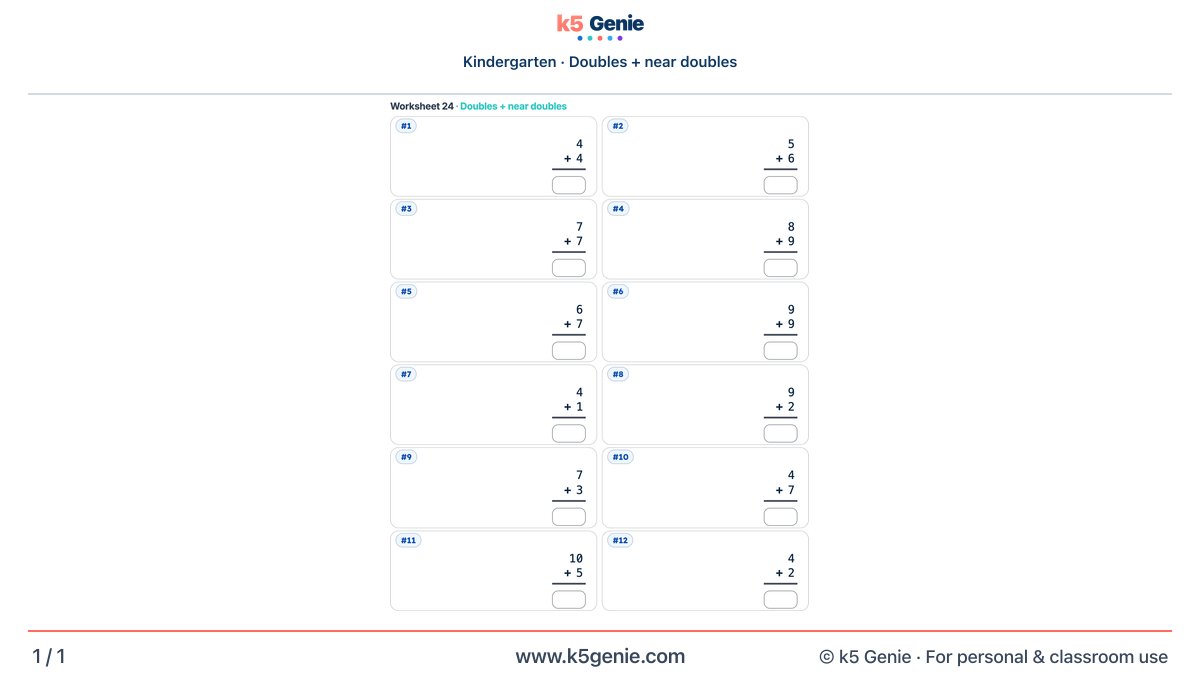 Math Genie worksheet — Doubles + near doubles