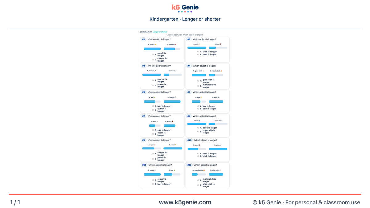 Math Genie worksheet — Longer or shorter