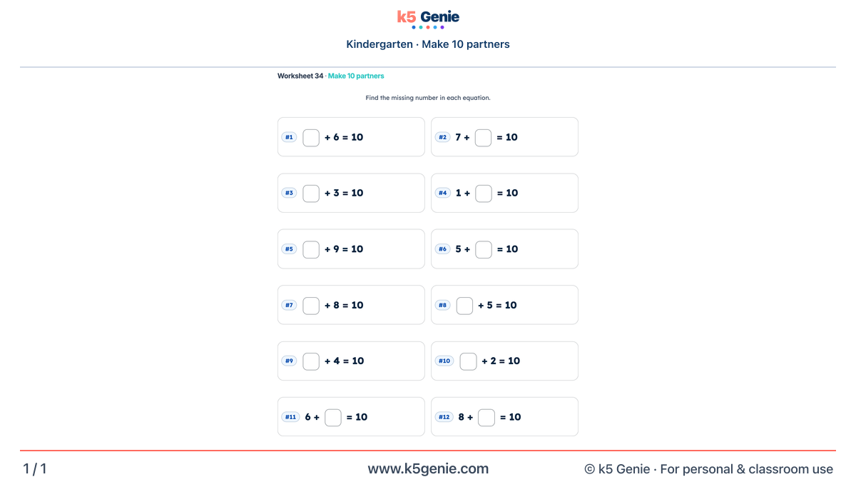 Math Genie worksheet — Make 10 partners