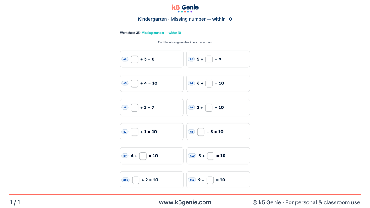 Math Genie worksheet — Missing number — within 10