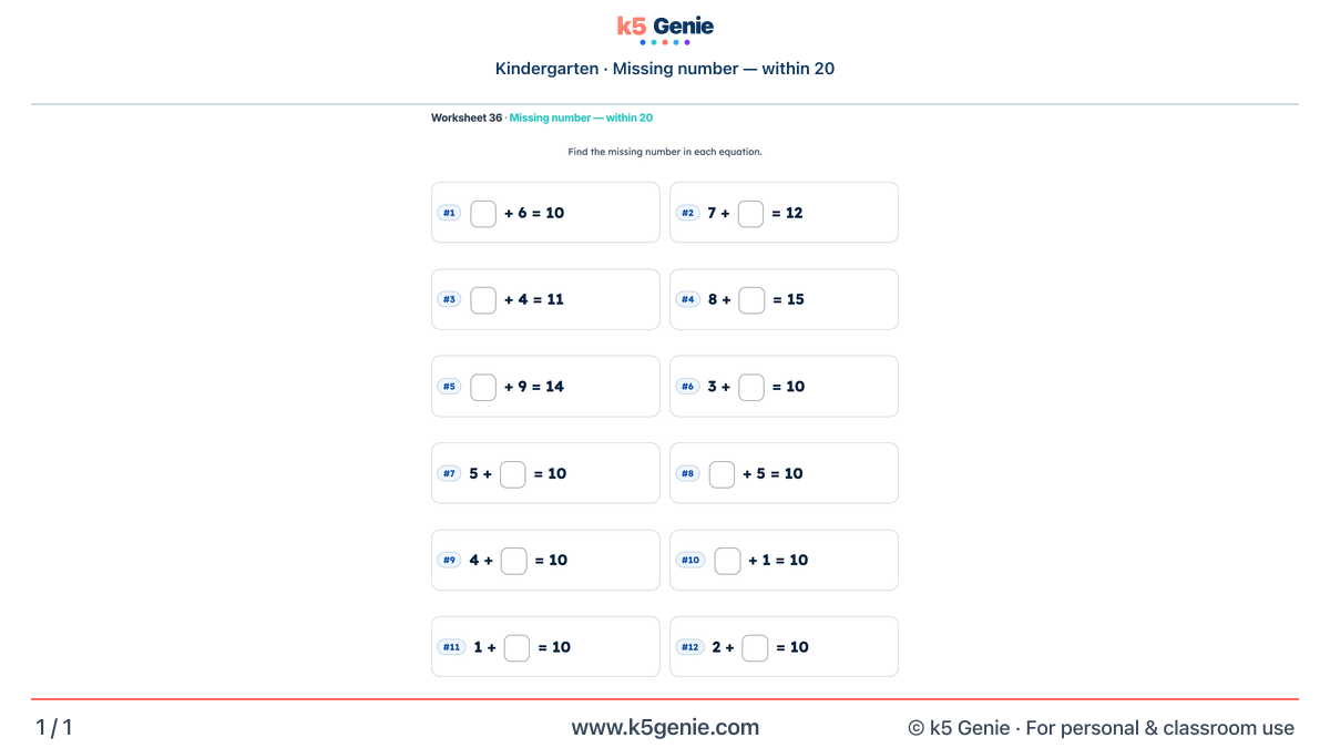 Math Genie worksheet — Missing number — within 20