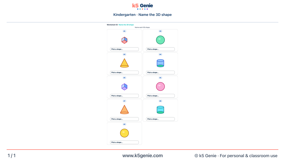 Math Genie worksheet — Name the 3D shape