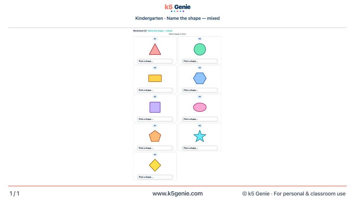 Math Genie worksheet — Name the shape — mixed