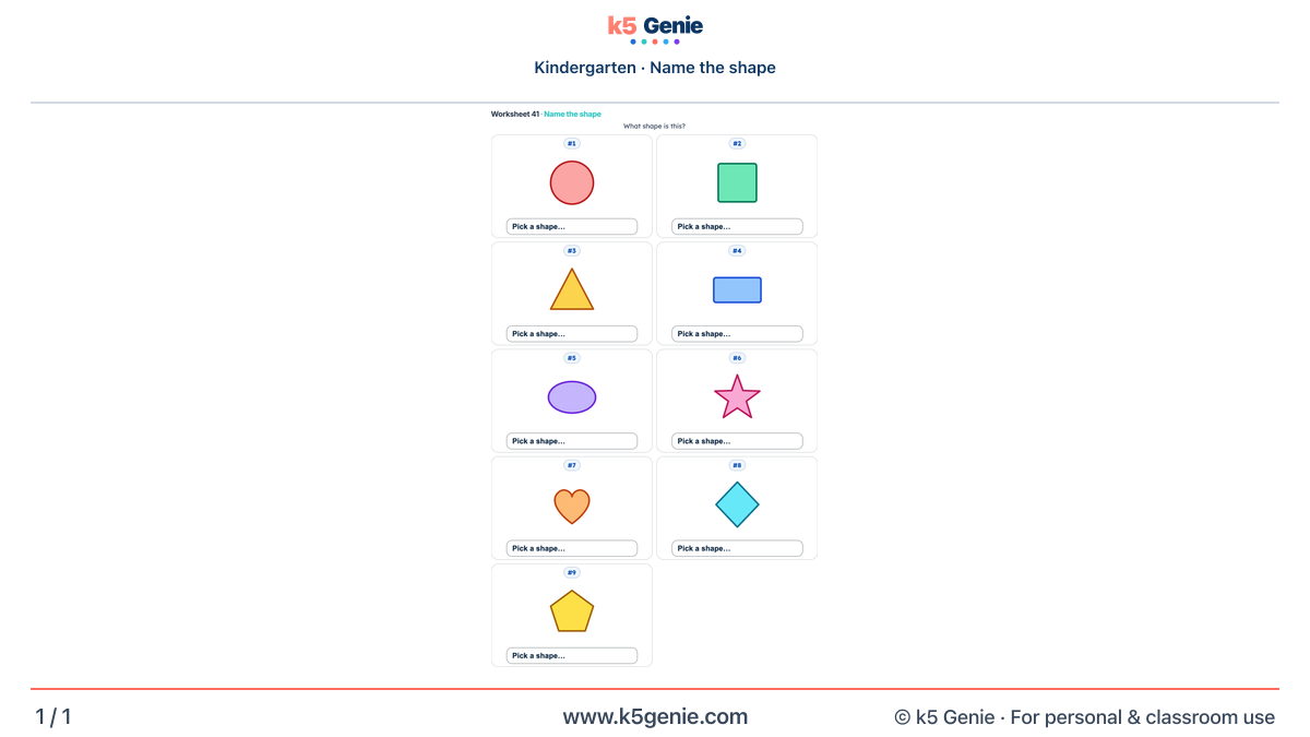 Math Genie worksheet — Name the shape