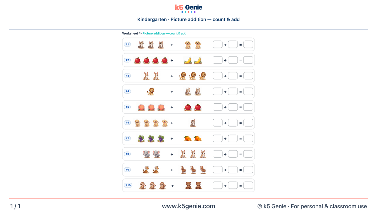 Math Genie worksheet — Picture addition — count & add