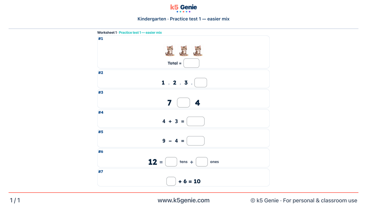 Math Genie worksheet — Practice test 1 — easier mix