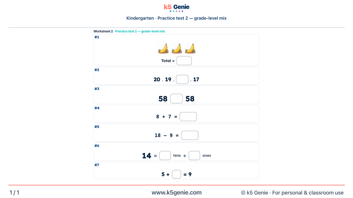 Math Genie worksheet — Practice test 2 — grade-level mix