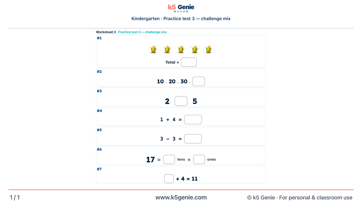 Math Genie worksheet — Practice test 3 — challenge mix