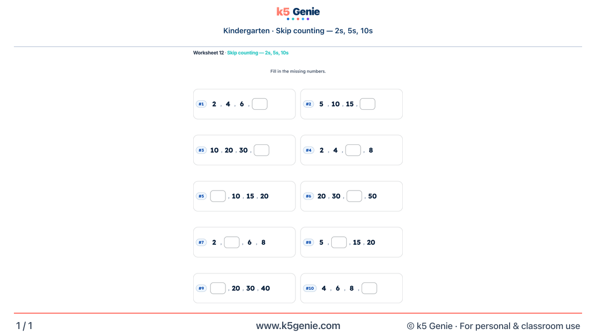 Math Genie worksheet — Skip counting — 2s, 5s, 10s