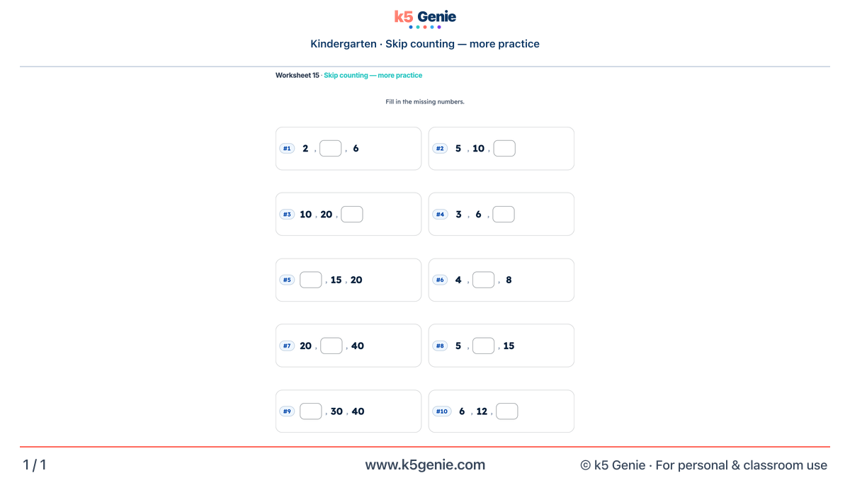 Math Genie worksheet — Skip counting — more practice