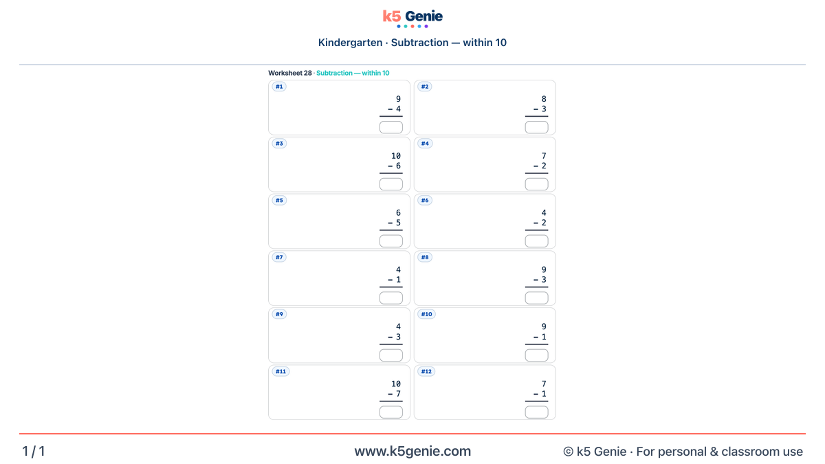 Math Genie worksheet — Subtraction — within 10