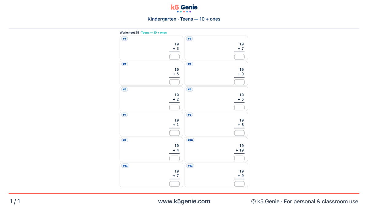 Math Genie worksheet — Teens — 10 + ones