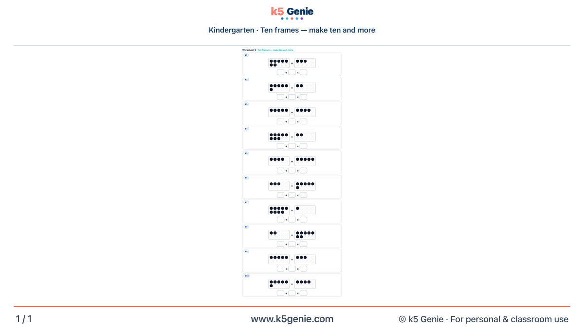 Math Genie worksheet — Ten frames — make ten and more