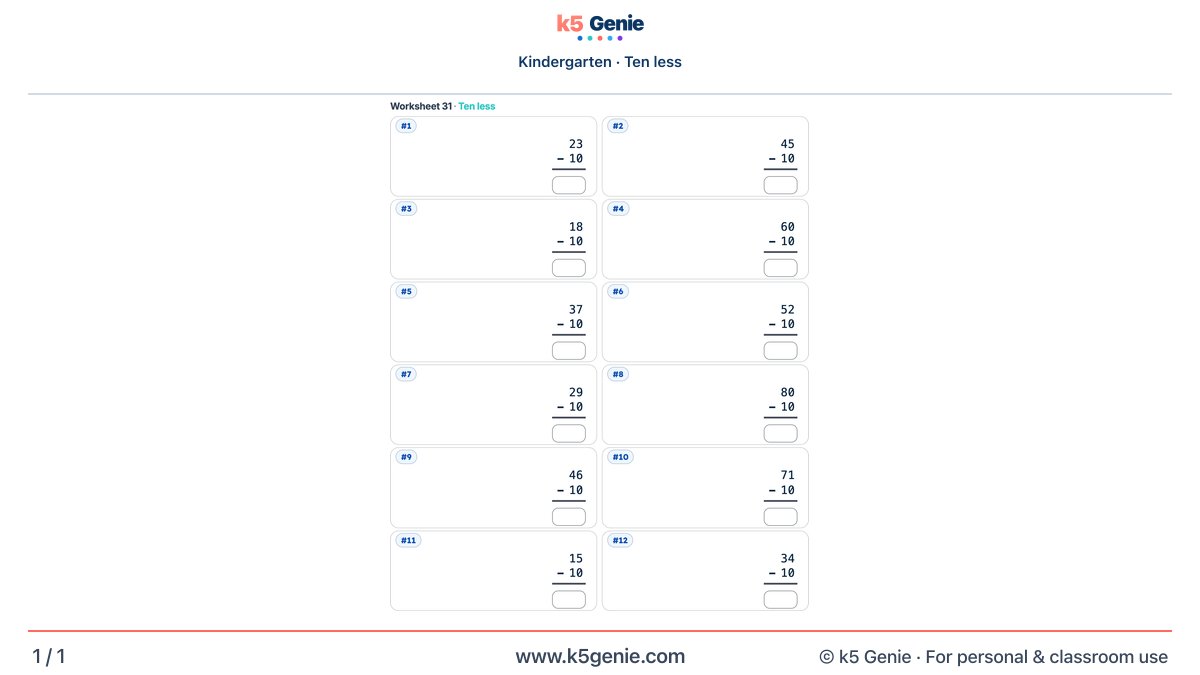 Math Genie worksheet — Ten less