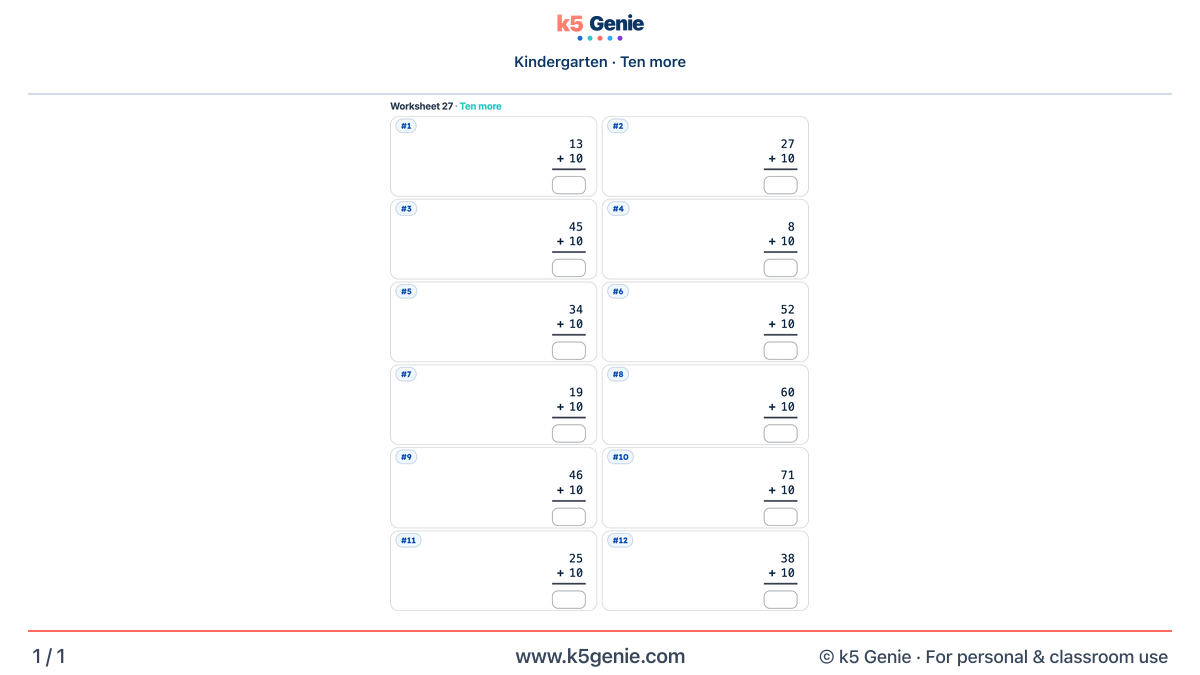 Math Genie worksheet — Ten more