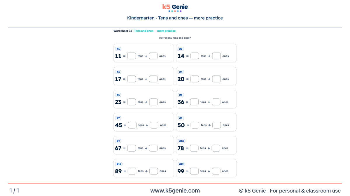 Math Genie worksheet — Tens and ones — more practice