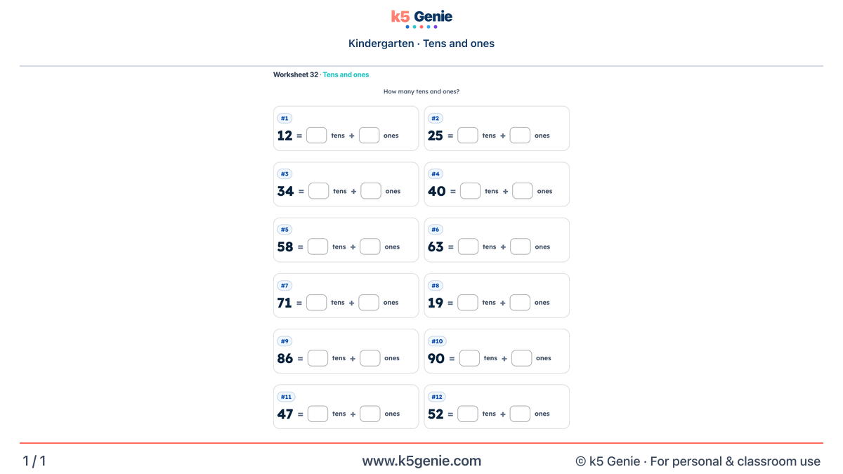 Math Genie worksheet — Tens and ones