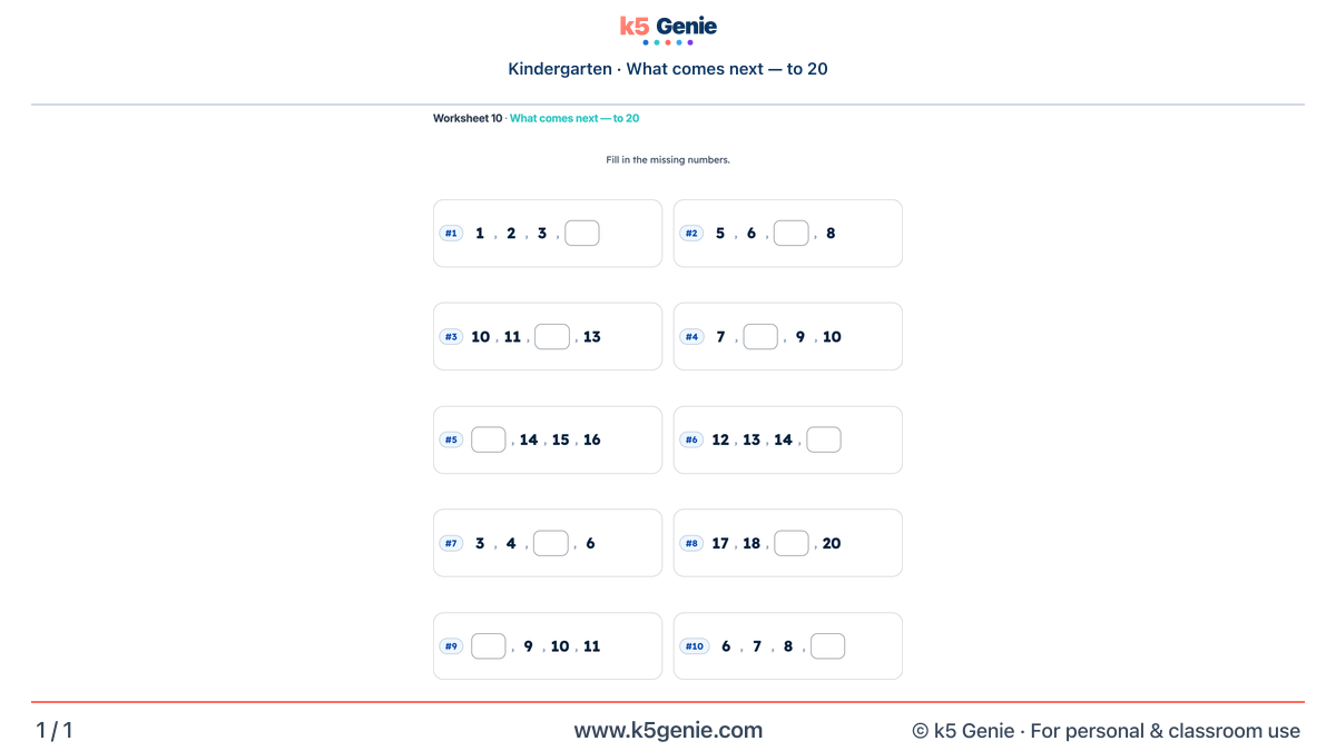 Math Genie worksheet — What comes next — to 20