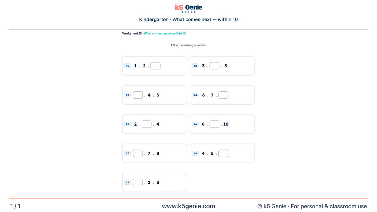 Math Genie worksheet — What comes next — within 10