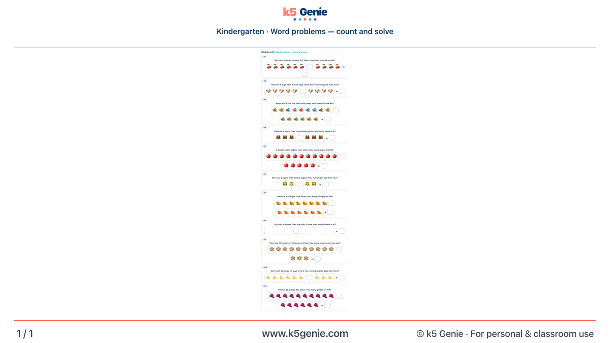 Math Genie worksheet — Word problems — count and solve